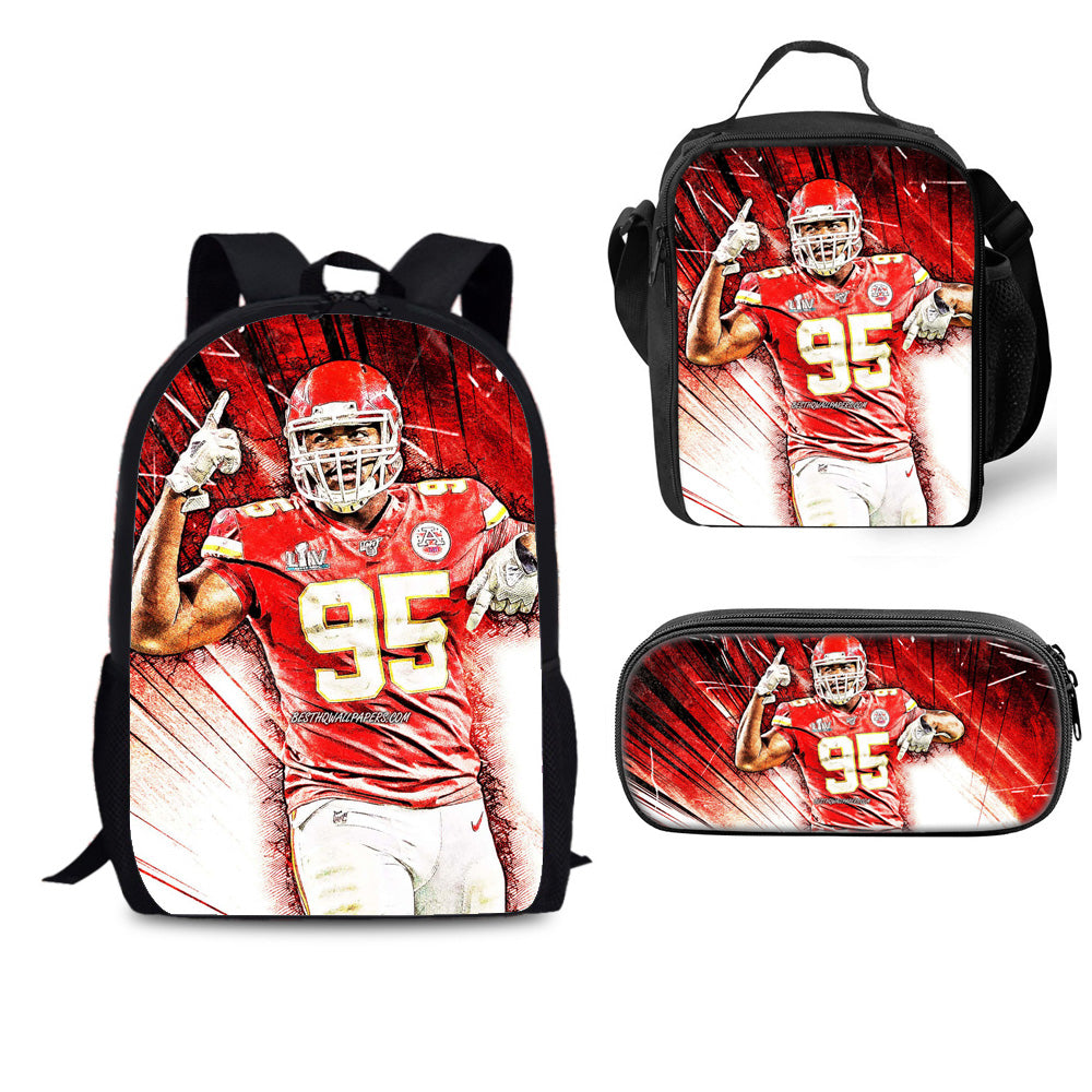 Kansas City Chiefs Football Team Full Printed Backpack Schoolbag Travel Notebook Bag Lunch Bag Pencil Bag for Kids Students 3PCS