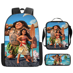 Moana Full Printed Backpack Schoolbag Travel Notebook Bag Lunch Bag Pencil Bag for Kids Students 3PCS