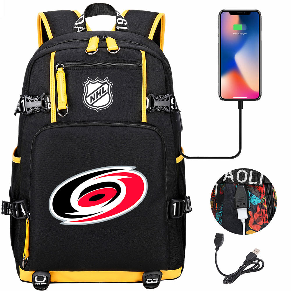 Carolina Hurricanes Hockey League USB Charging Backpack School Notebook Travel Bags