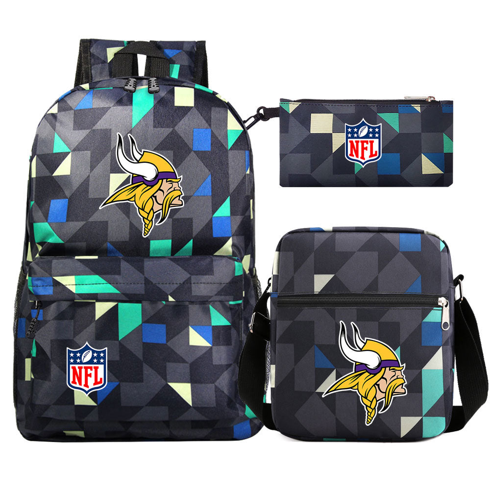 Minnesota Vikings Football Team  Printed Schoolbag Backpack Shoulder Bag Pencil Bag 3pcs set for Kids Students