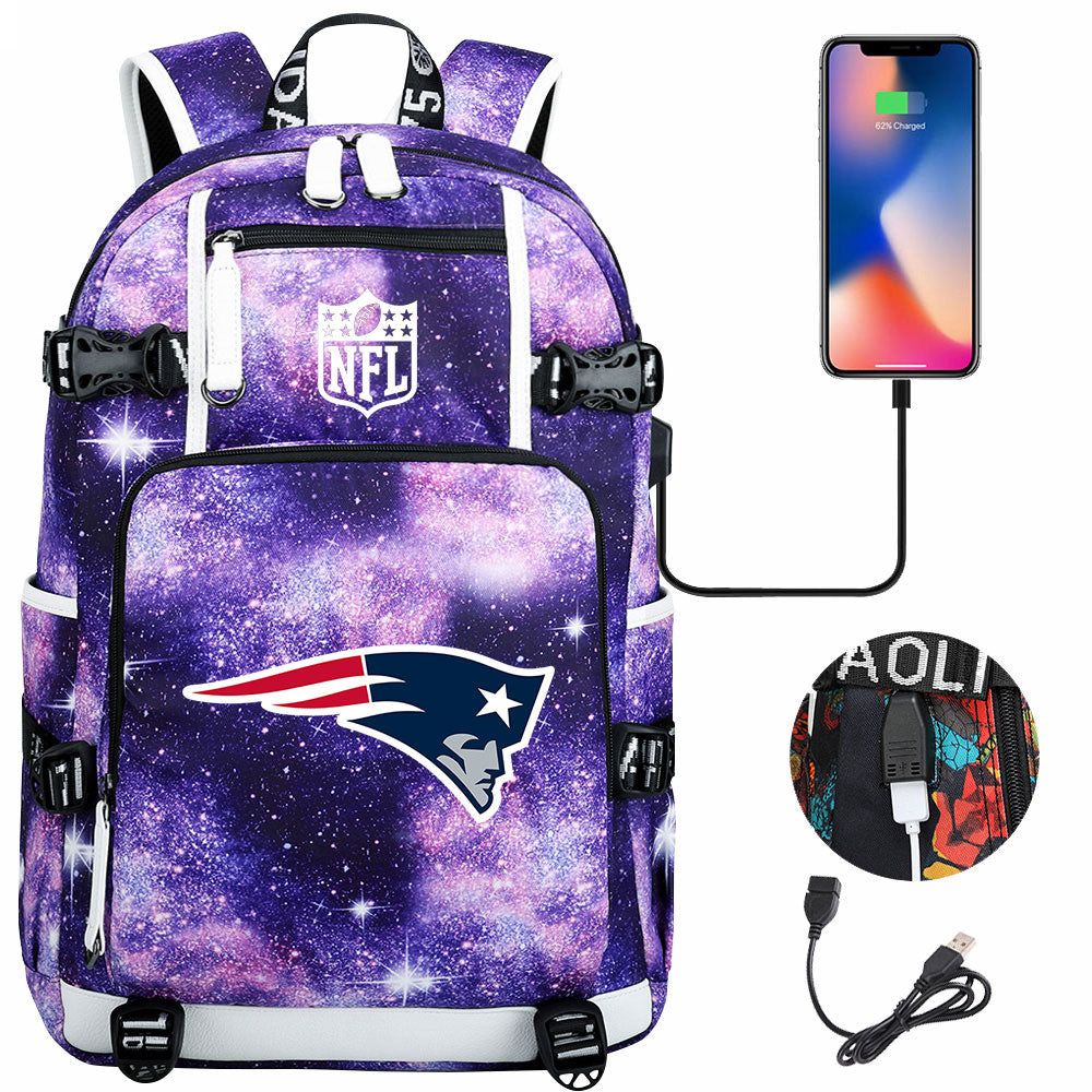 New England Patriots Football Team USB Charging Backpack School Notebook Travel Bags