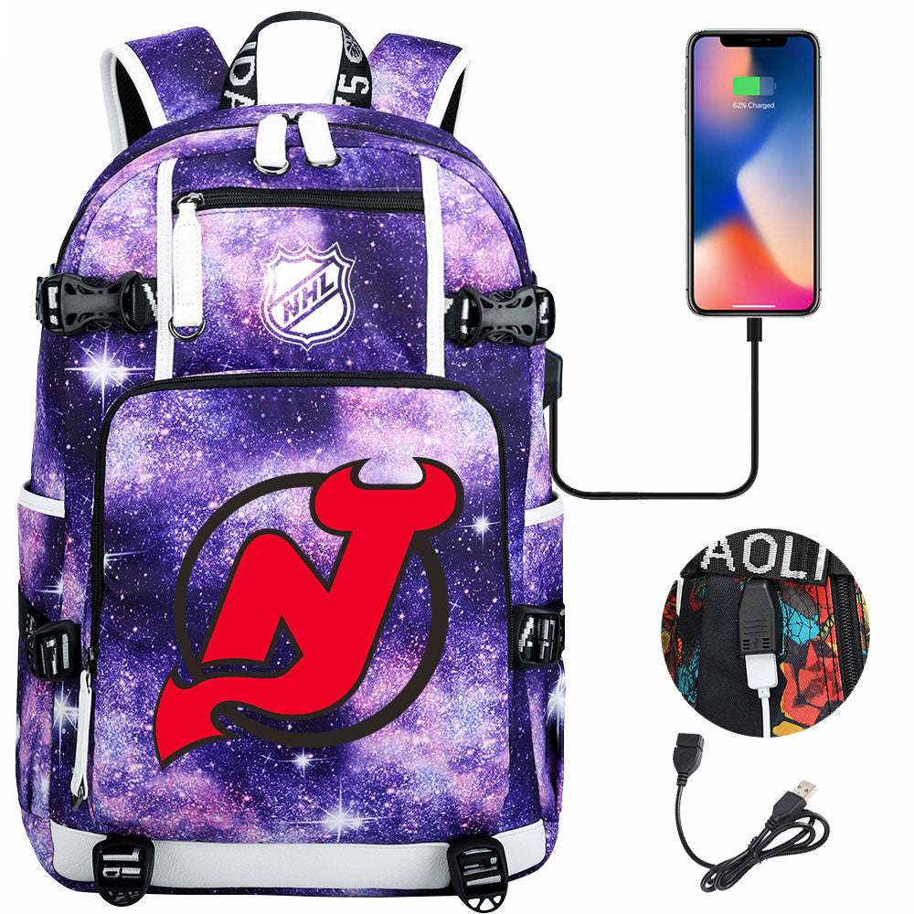 New Jersey Devils Hockey League USB Charging Backpack School Notebook Travel Bags