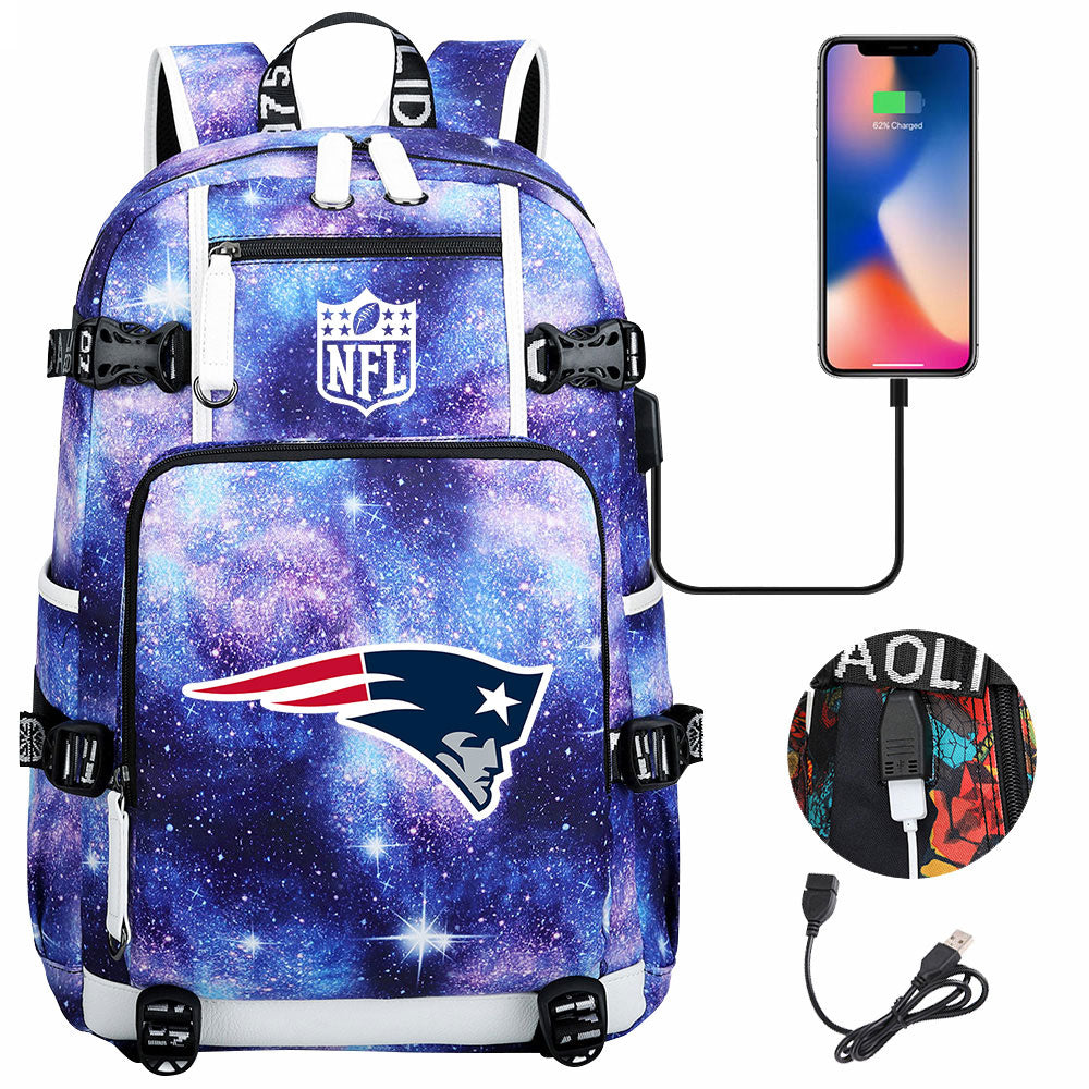 New England Patriots Football Team USB Charging Backpack School Notebook Travel Bags