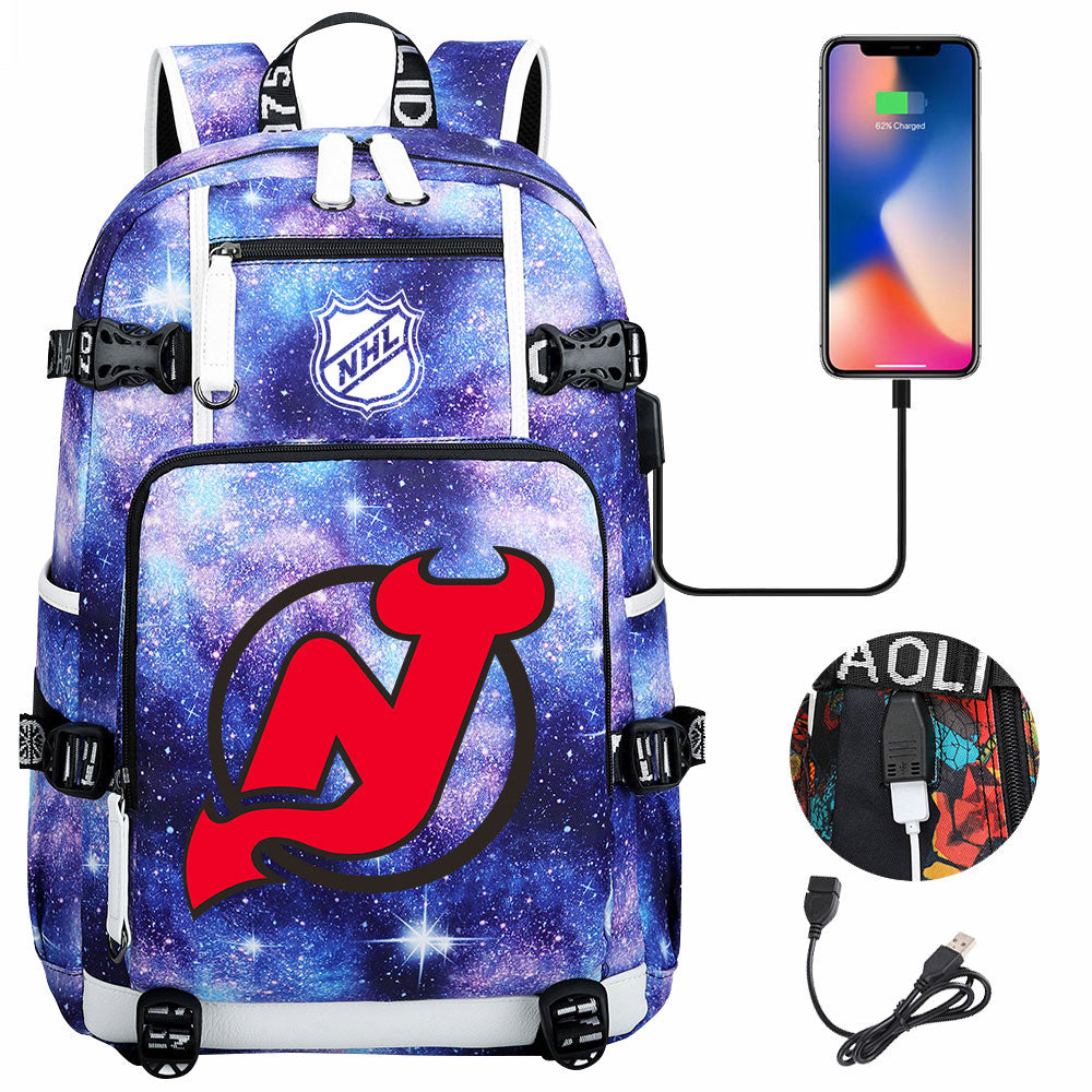 New Jersey Devils Hockey League USB Charging Backpack School Notebook Travel Bags