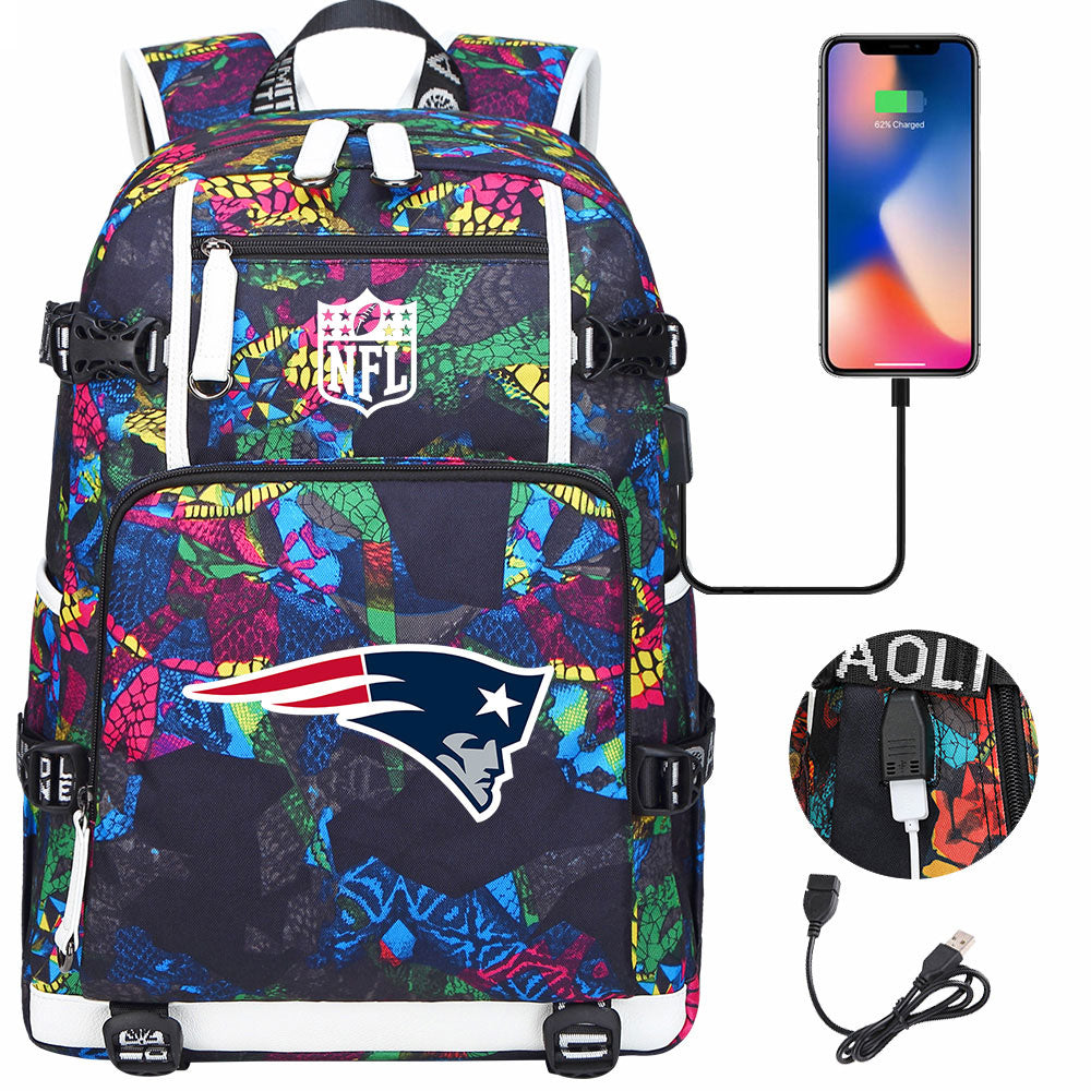 New England Patriots Football Team USB Charging Backpack School Notebook Travel Bags