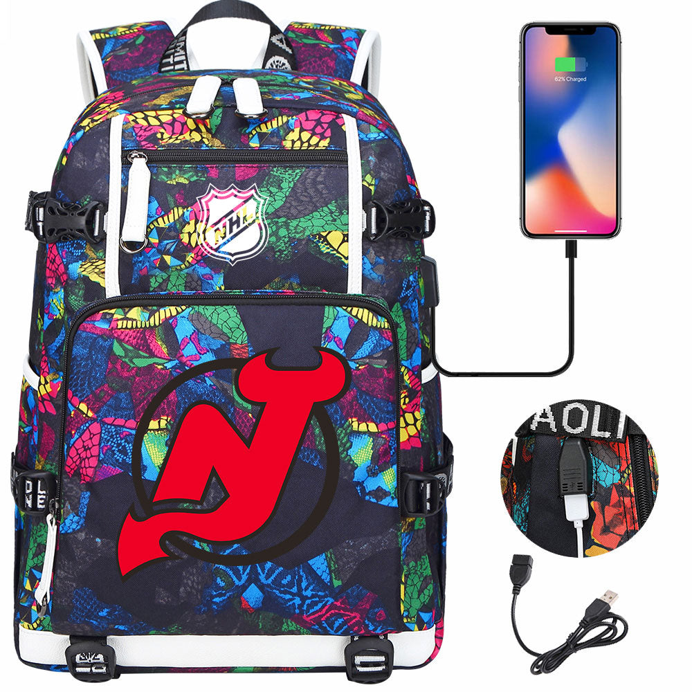 New Jersey Devils Hockey League USB Charging Backpack School Notebook Travel Bags