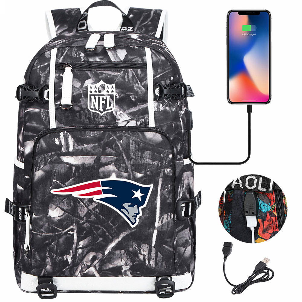 New England Patriots Football Team USB Charging Backpack School Notebook Travel Bags