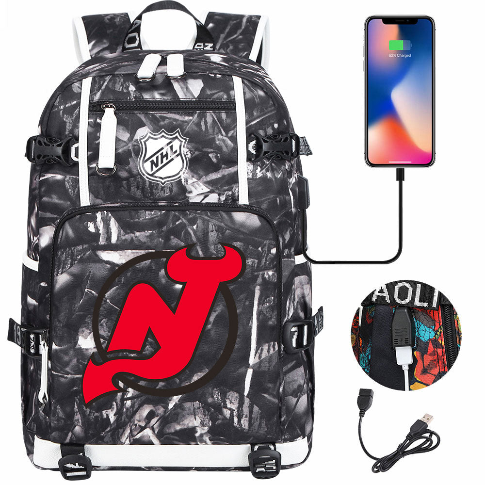 New Jersey Devils Hockey League USB Charging Backpack School Notebook Travel Bags