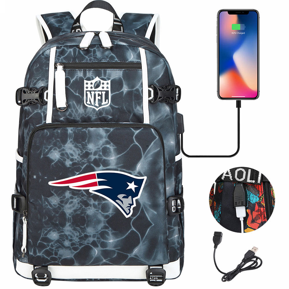 New England Patriots Football Team USB Charging Backpack School Notebook Travel Bags