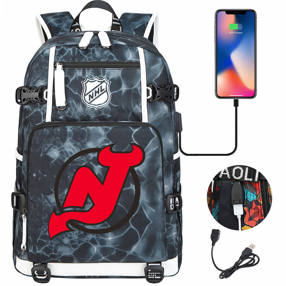 New Jersey Devils Hockey League USB Charging Backpack School Notebook Travel Bags