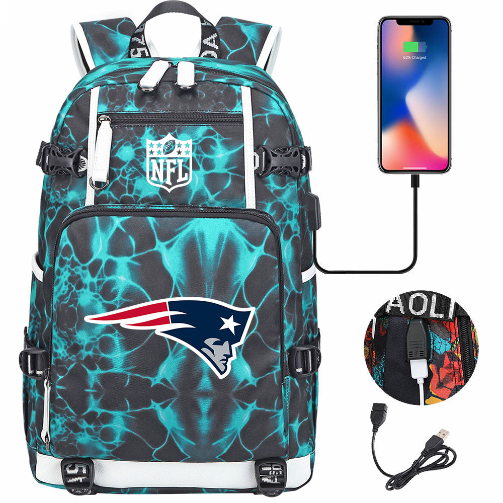 New England Patriots Football Team USB Charging Backpack School Notebook Travel Bags