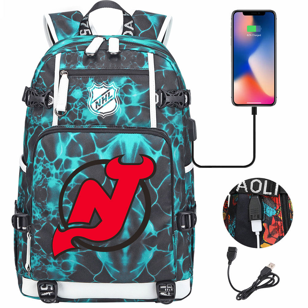 New Jersey Devils Hockey League USB Charging Backpack School Notebook Travel Bags