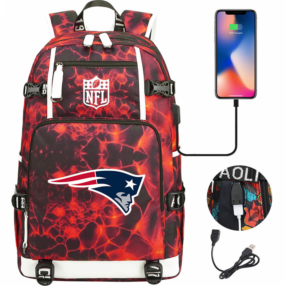 New England Patriots Football Team USB Charging Backpack School Notebook Travel Bags