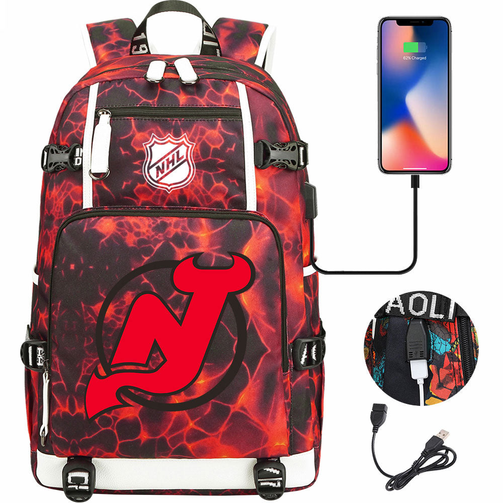 New Jersey Devils Hockey League USB Charging Backpack School Notebook Travel Bags