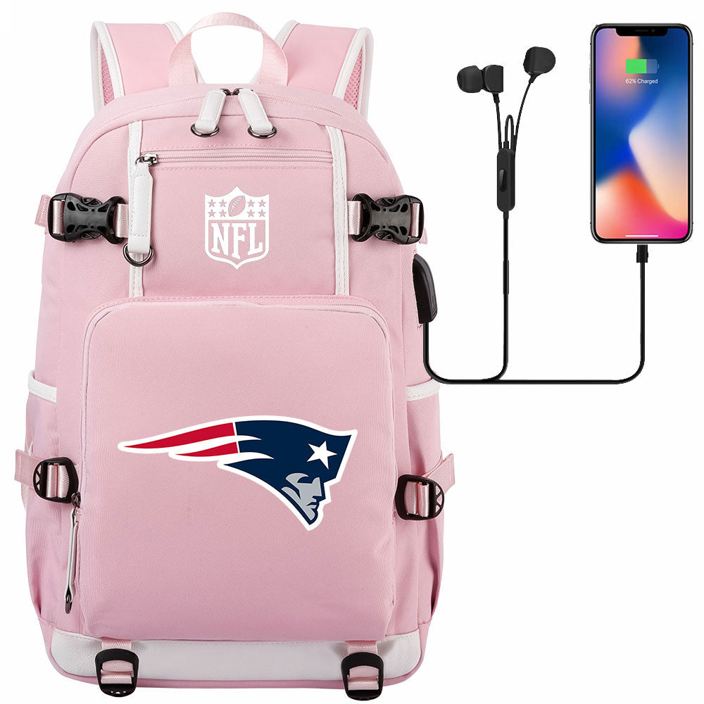 New England Patriots Football Team USB Charging Backpack School Notebook Travel Bags