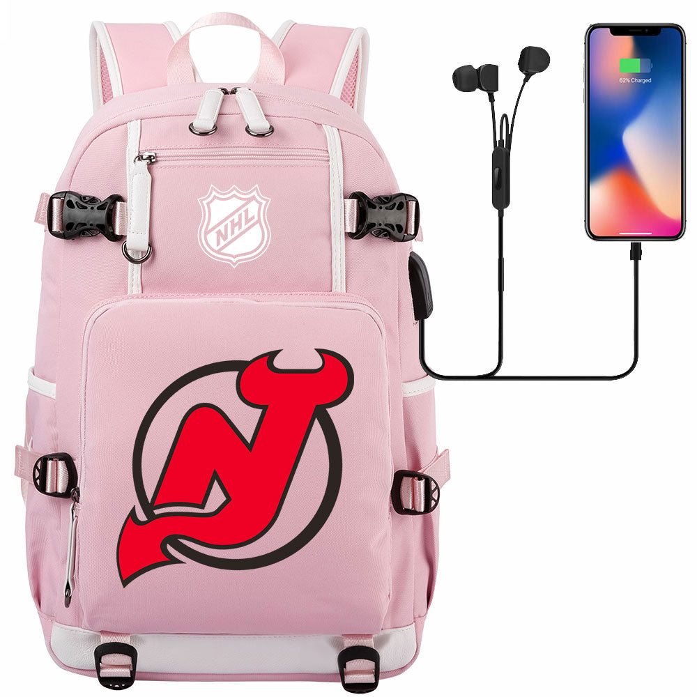 New Jersey Devils Hockey League USB Charging Backpack School Notebook Travel Bags