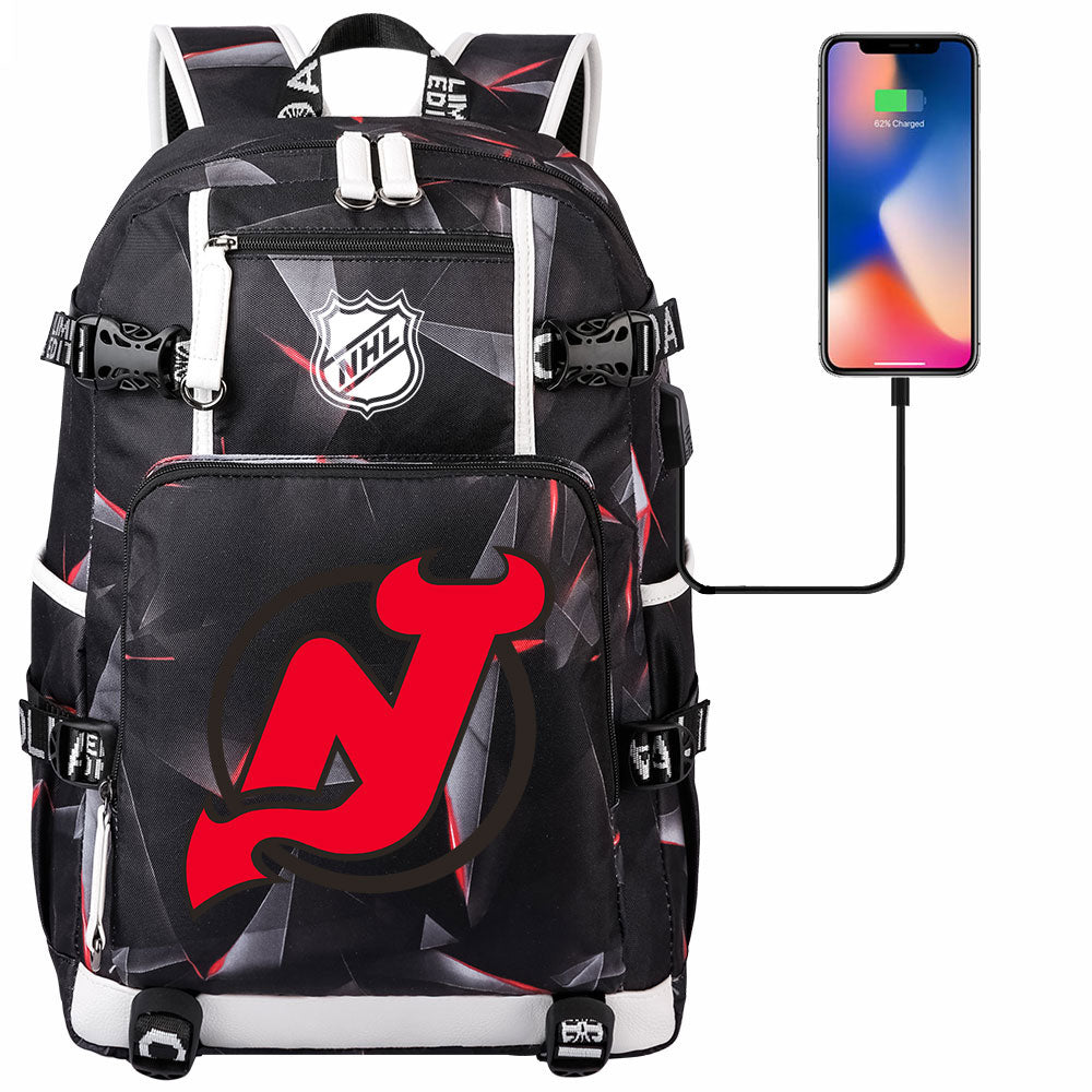 New Jersey Devils Hockey League USB Charging Backpack School Notebook Travel Bags