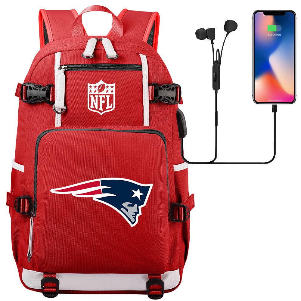 New England Patriots Football Team USB Charging Backpack School Notebook Travel Bags