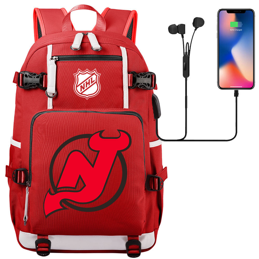 New Jersey Devils Hockey League USB Charging Backpack School Notebook Travel Bags