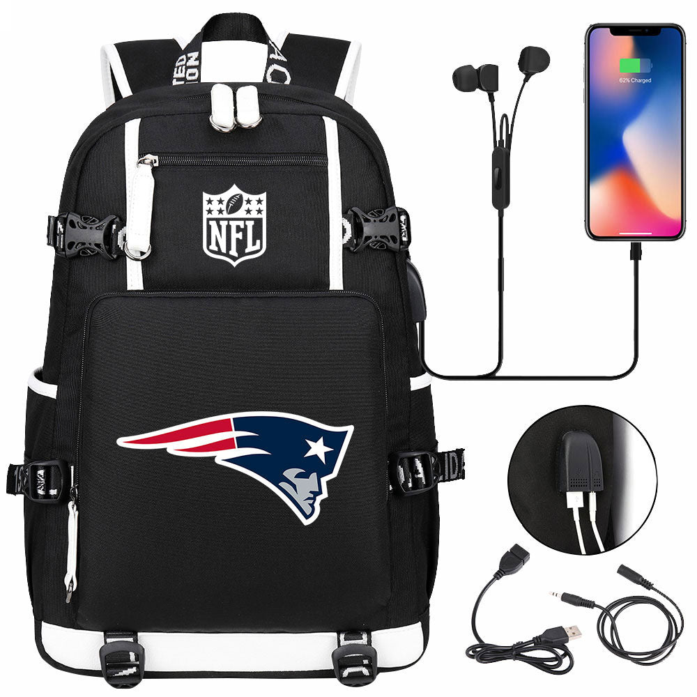 New England Patriots Football Team USB Charging Backpack School Notebook Travel Bags