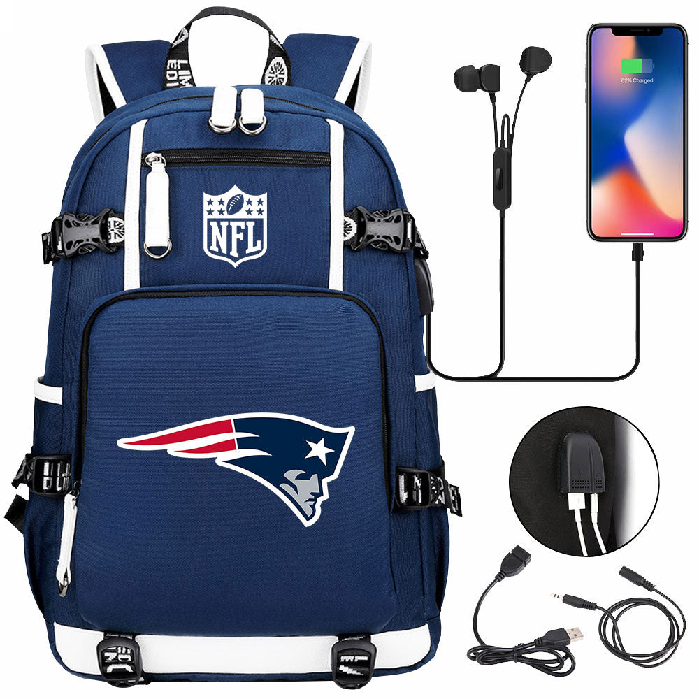 New England Patriots Football Team USB Charging Backpack School Notebook Travel Bags