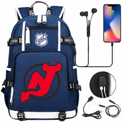 New Jersey Devils Hockey League USB Charging Backpack School Notebook Travel Bags