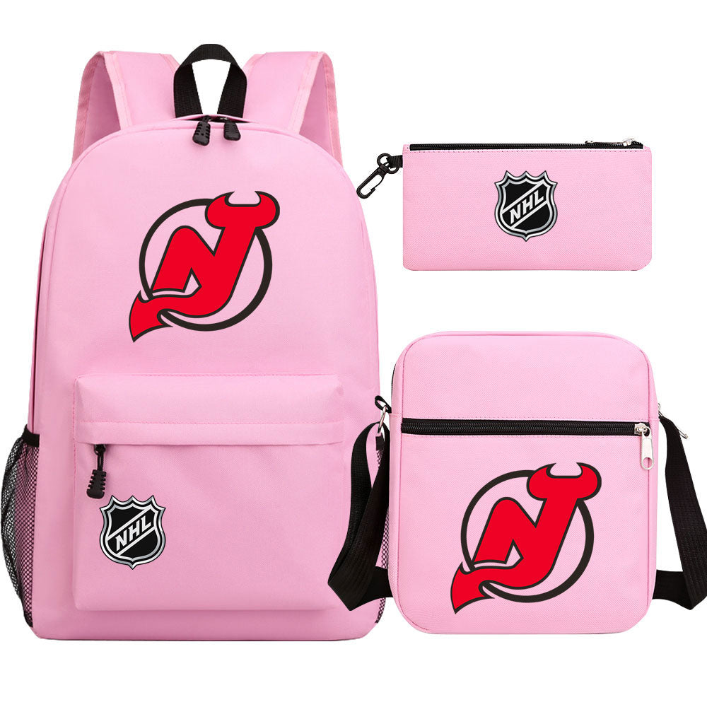 New Jersey Devils Hockey League Printed Schoolbag Backpack Shoulder Bag Pencil Bag 3pcs set for Kids Students