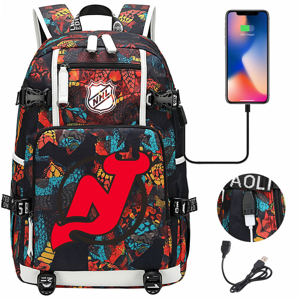 New Jersey Devils Hockey League USB Charging Backpack School Notebook Travel Bags