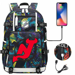 New Jersey Devils Hockey League USB Charging Backpack School Notebook Travel Bags