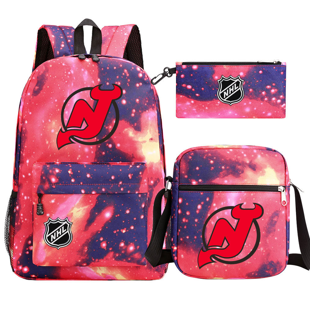 New Jersey Devils Hockey League Printed Schoolbag Backpack Shoulder Bag Pencil Bag 3pcs set for Kids Students