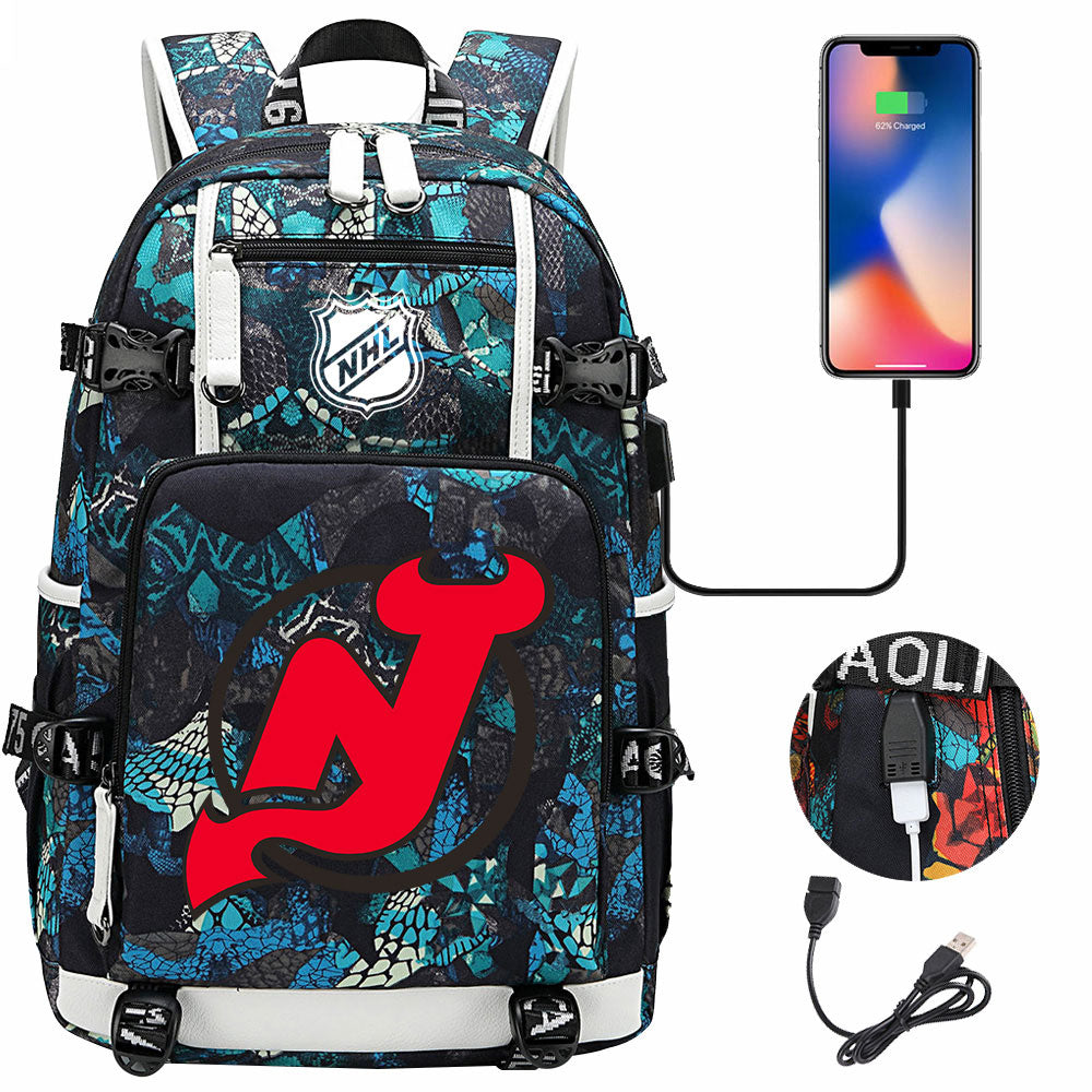 New Jersey Devils Hockey League USB Charging Backpack School Notebook Travel Bags