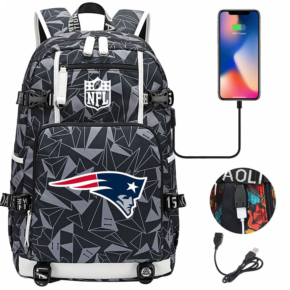 New England Patriots Football Team USB Charging Backpack School Notebook Travel Bags