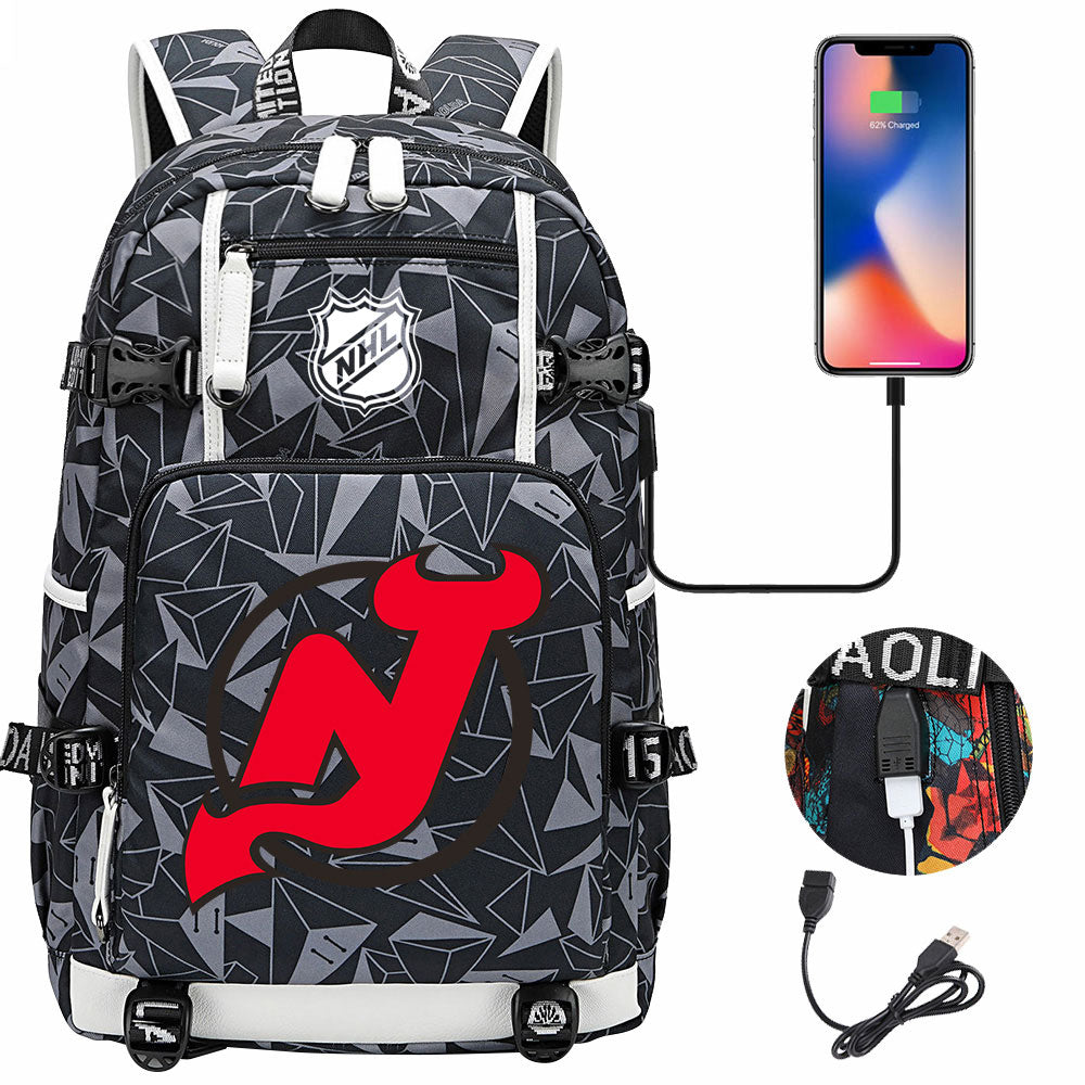 New Jersey Devils Hockey League USB Charging Backpack School Notebook Travel Bags