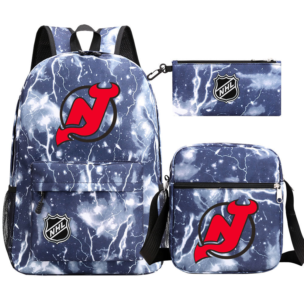 New Jersey Devils Hockey League Printed Schoolbag Backpack Shoulder Bag Pencil Bag 3pcs set for Kids Students