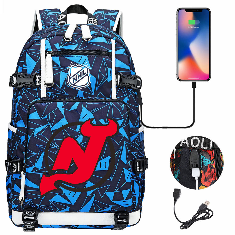 New Jersey Devils Hockey League USB Charging Backpack School Notebook Travel Bags