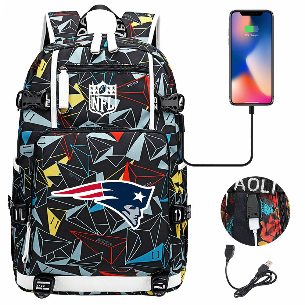 New England Patriots Football Team USB Charging Backpack School Notebook Travel Bags