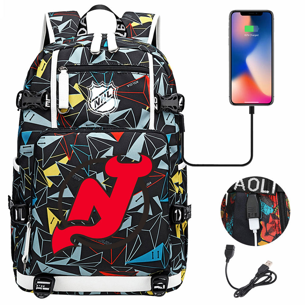 New Jersey Devils Hockey League USB Charging Backpack School Notebook Travel Bags