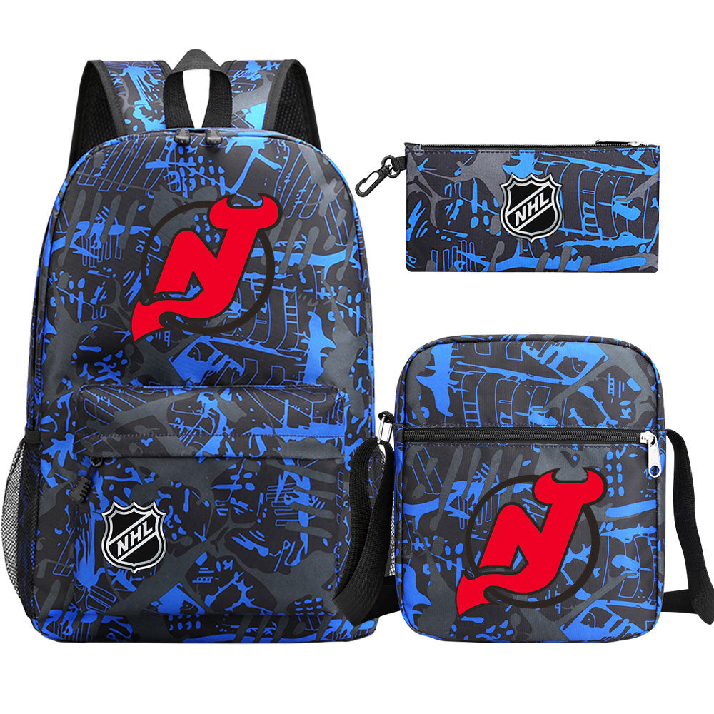 New Jersey Devils Hockey League Printed Schoolbag Backpack Shoulder Bag Pencil Bag 3pcs set for Kids Students