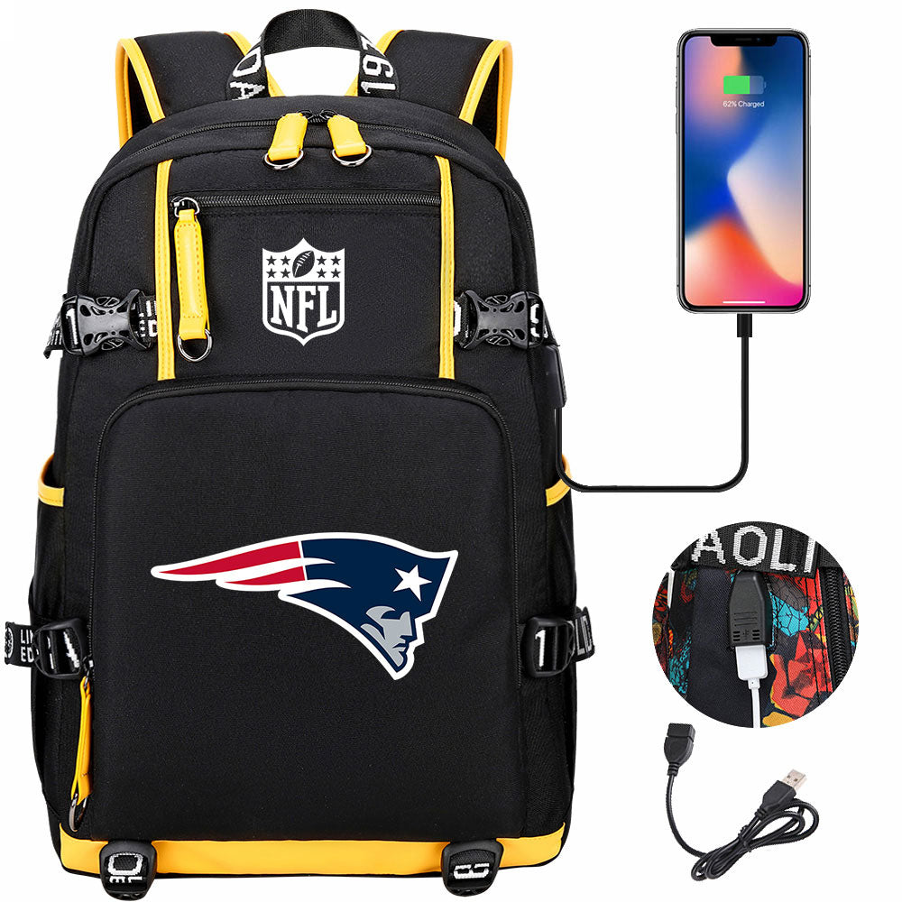 New England Patriots Football Team USB Charging Backpack School Notebook Travel Bags