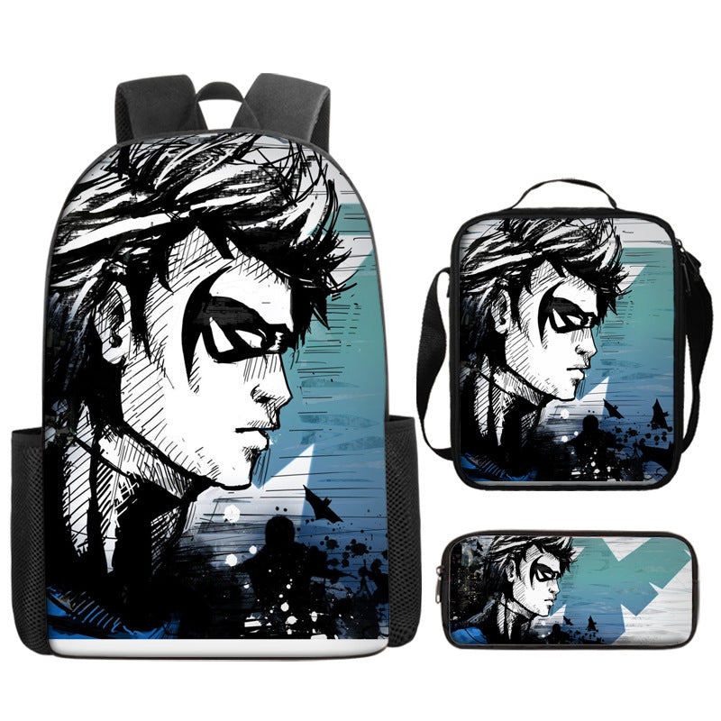 Nightwing Superhero Full Printed Backpack Schoolbag Travel Notebook Bag Lunch Bag Pencil Bag for Kids Students 3PCS