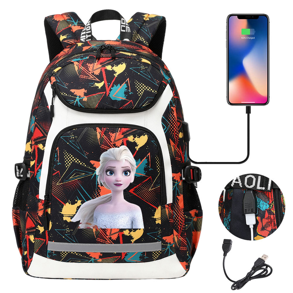 Frozen Elsa Anna USB Charging Backpack School Notebook Travel Bags