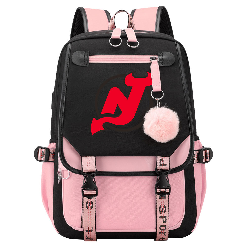 New Jersey Devils Hockey League Waterproof Backpack School Notebook Travel Bag USB Charging