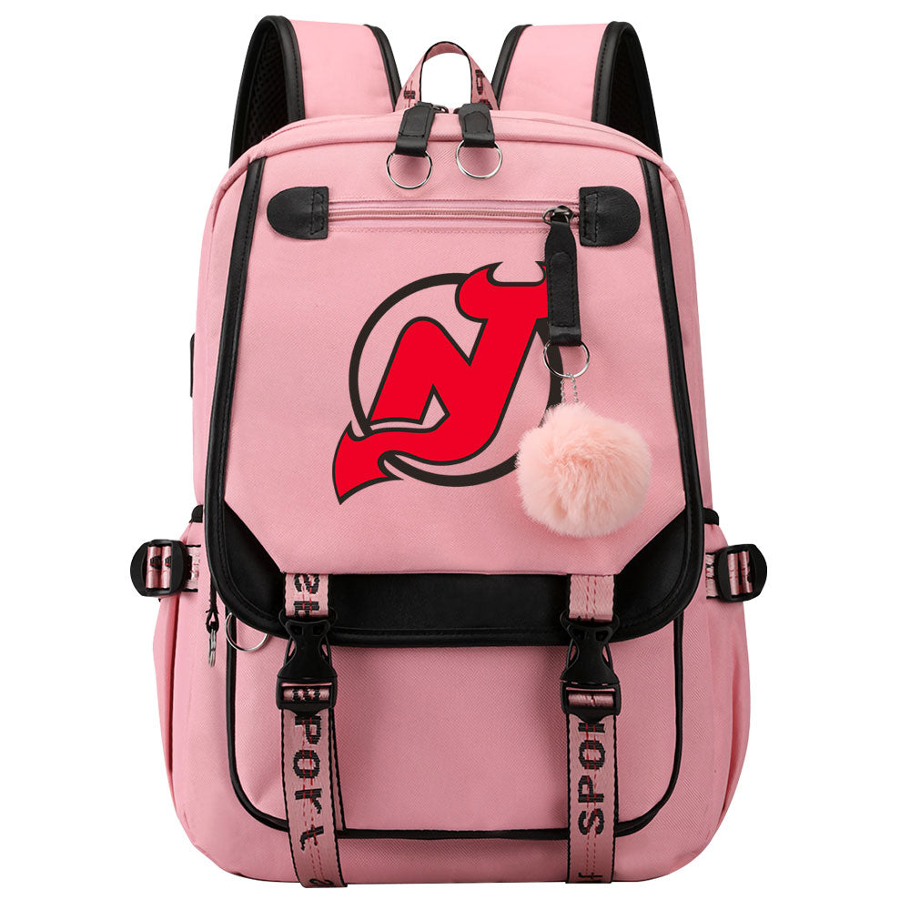 New Jersey Devils Hockey League Waterproof Backpack School Notebook Travel Bag USB Charging