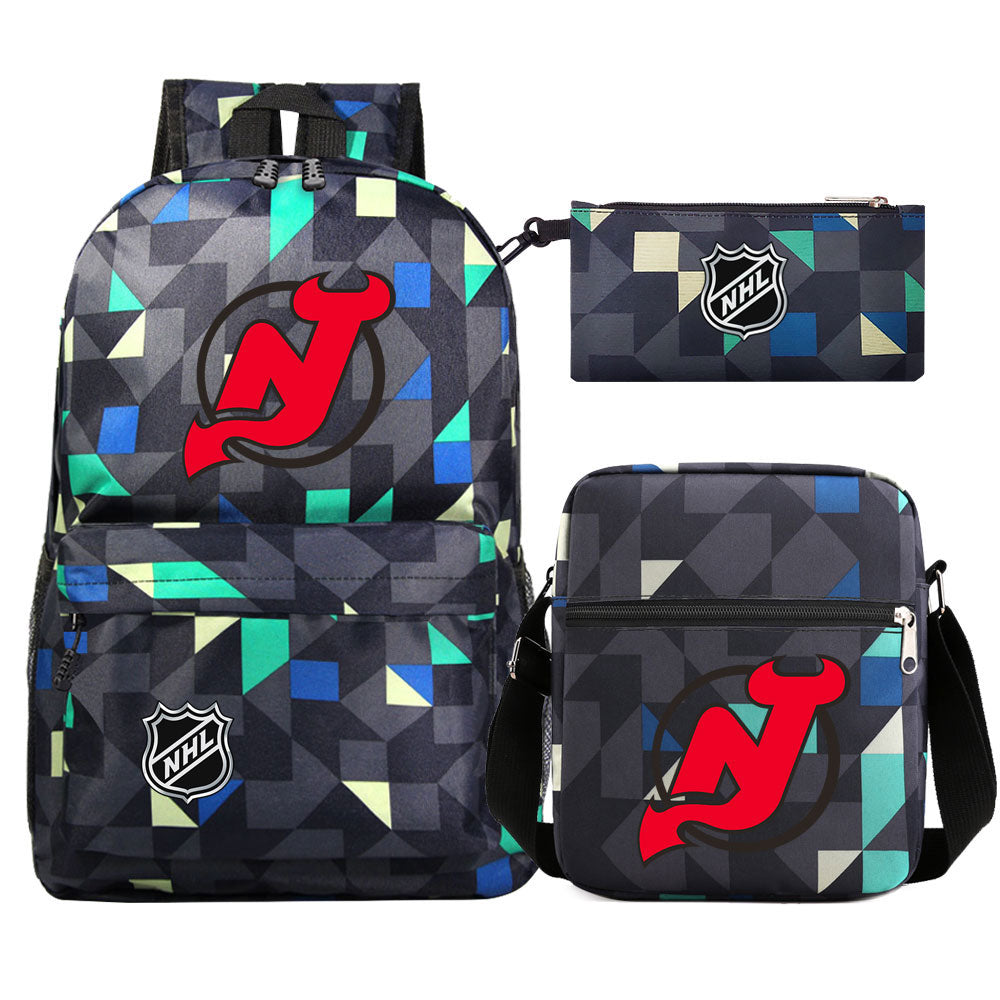 New Jersey Devils Hockey League Printed Schoolbag Backpack Shoulder Bag Pencil Bag 3pcs set for Kids Students