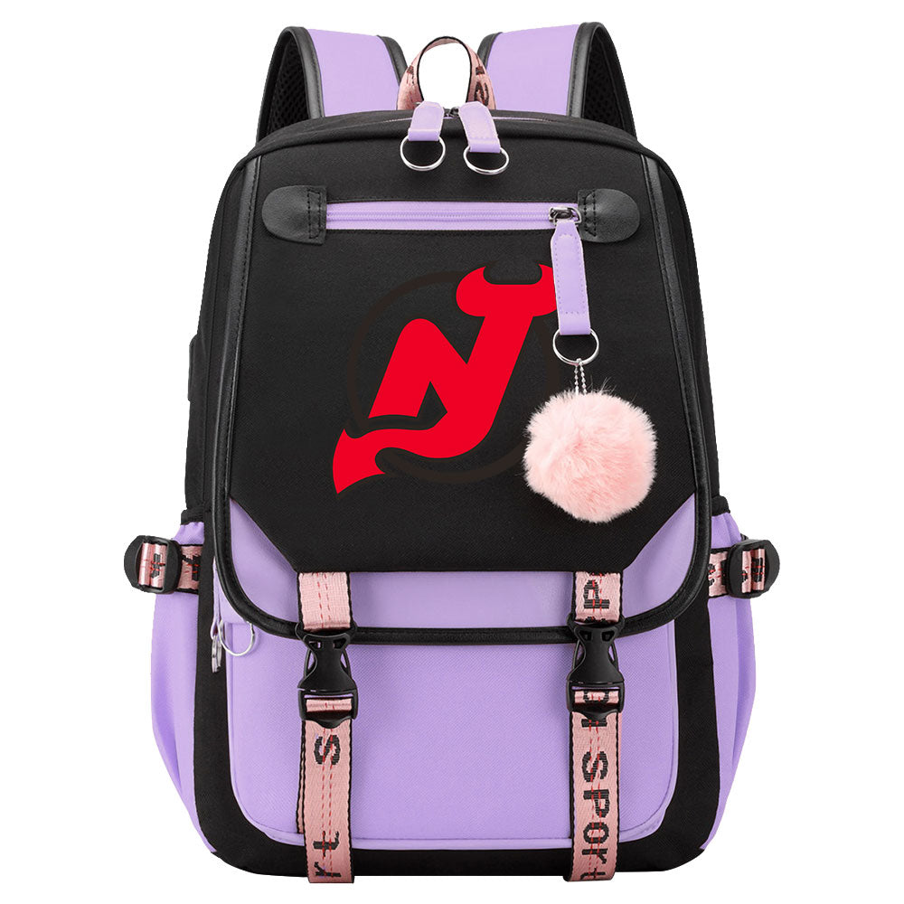 New Jersey Devils Hockey League Waterproof Backpack School Notebook Travel Bag USB Charging