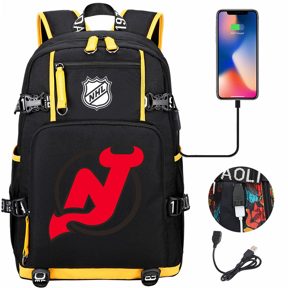 New Jersey Devils Hockey League USB Charging Backpack School Notebook Travel Bags