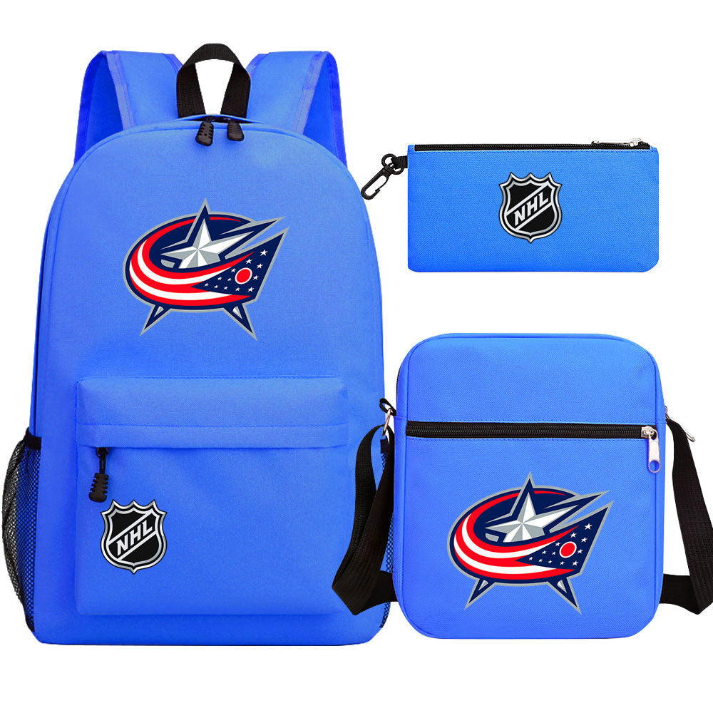 Columbus Blue Jackets Hockey League Printed Schoolbag Backpack Shoulder Bag Pencil Bag 3pcs set for Kids Students