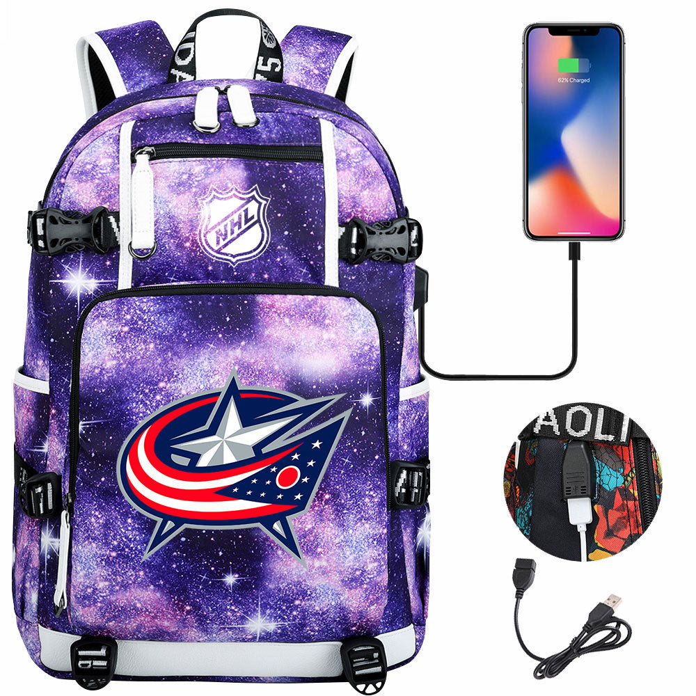 Columbus Blue Jackets Hockey League USB Charging Backpack School Notebook Travel Bags