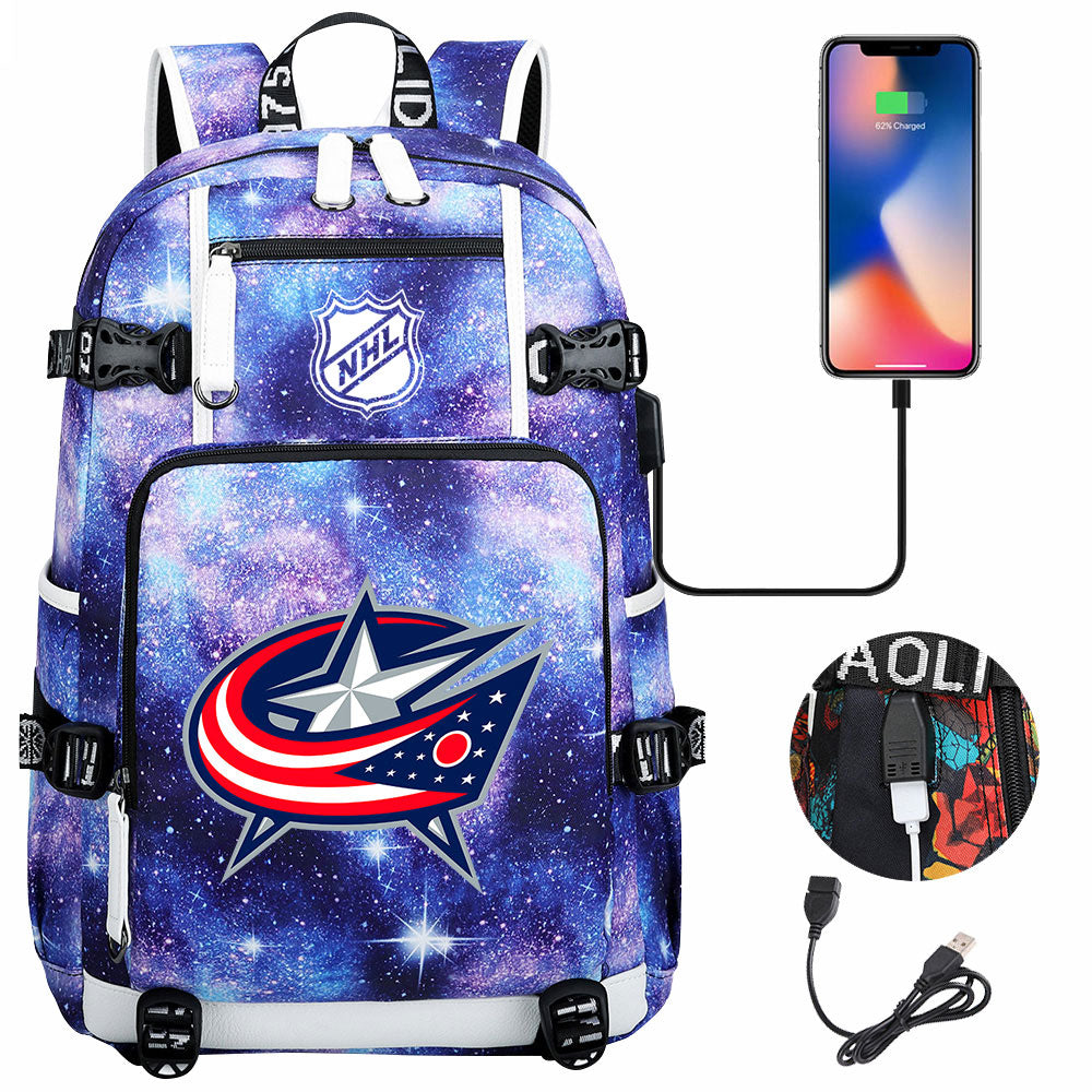 Columbus Blue Jackets Hockey League USB Charging Backpack School Notebook Travel Bags