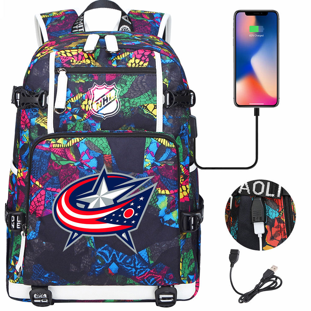 Columbus Blue Jackets Hockey League USB Charging Backpack School Notebook Travel Bags